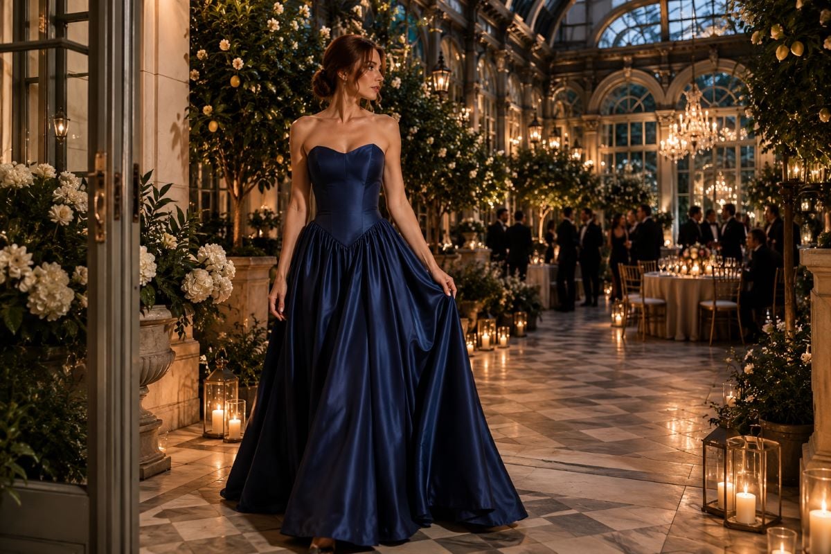 Navy satin wedding guest formal gown
