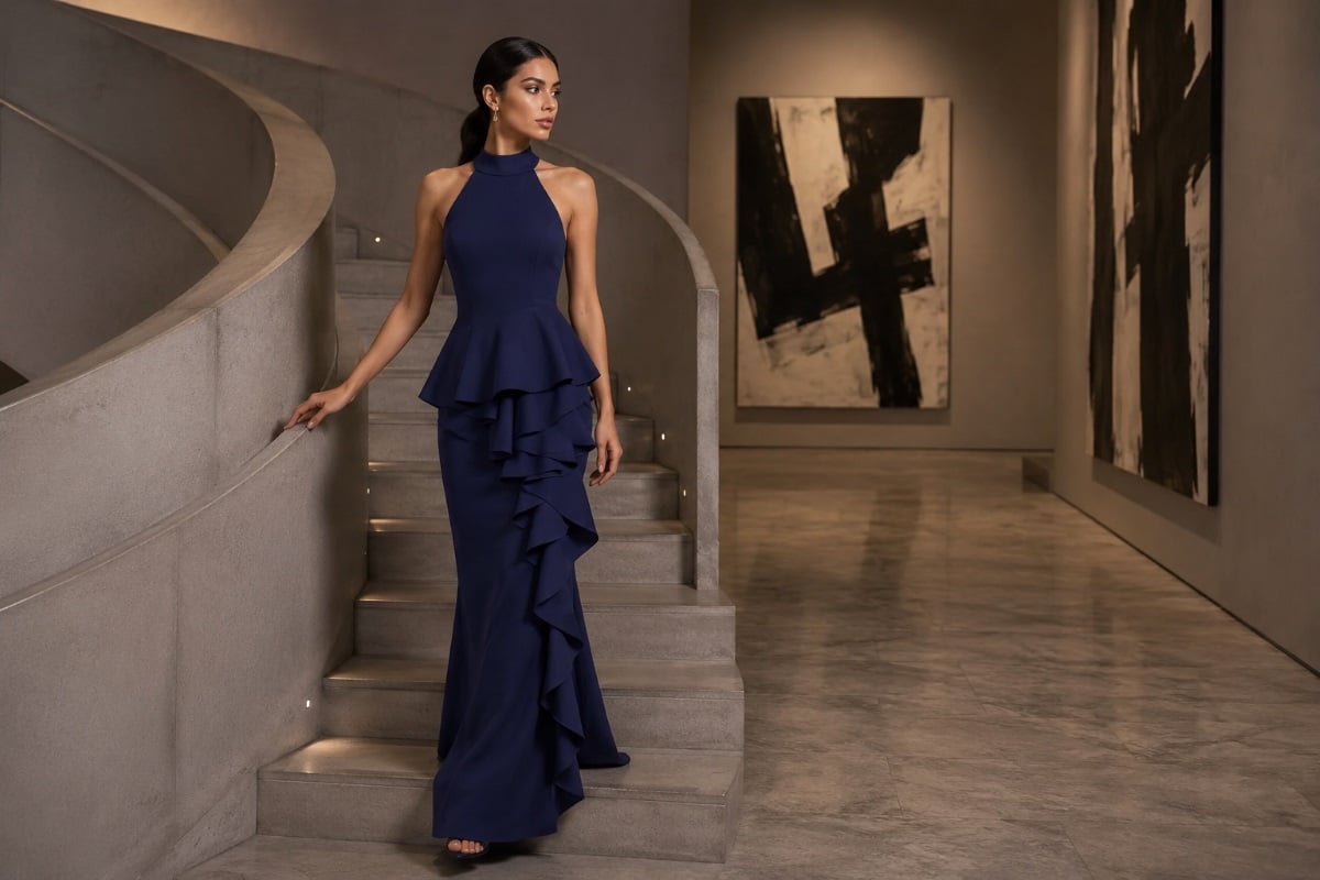 Navy sculptural gown inside modern art gallery