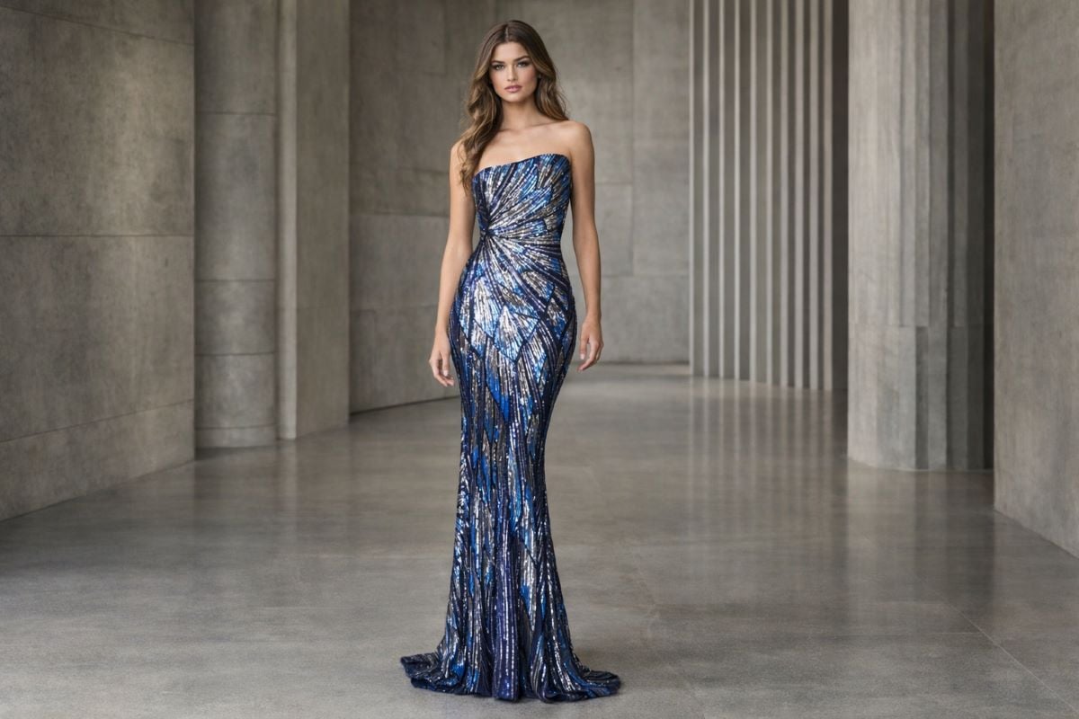 navy sequin mermaid prom dress strapless fitted gown