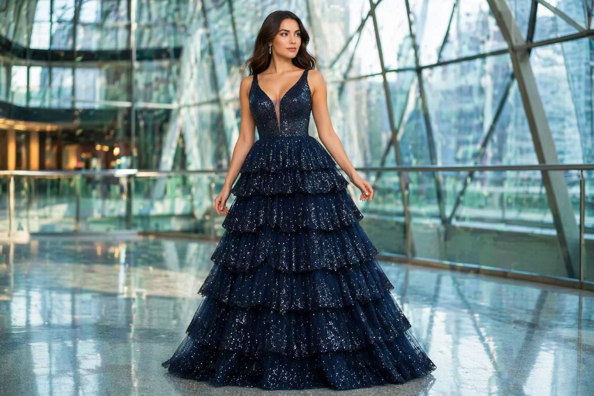 Navy sequin tiered ball gown with deep V neckline