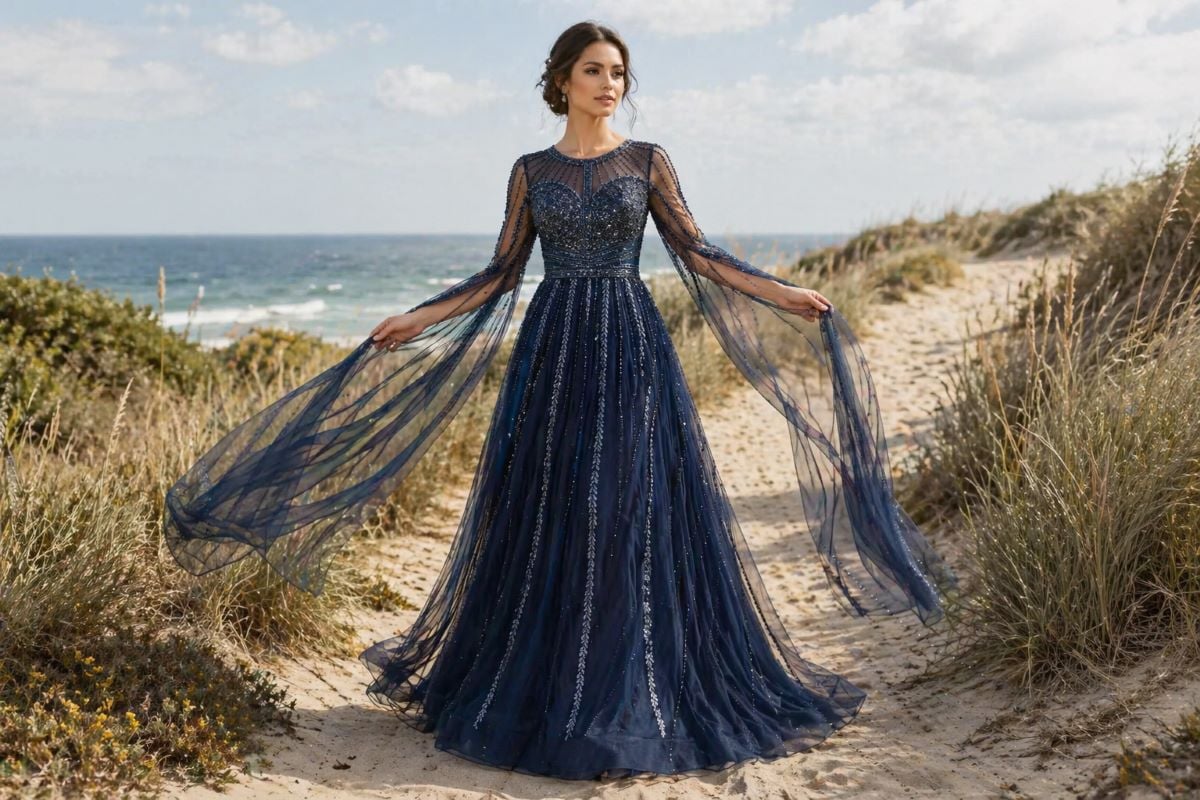 Navy sheer long sleeve flowy mother of the bride dress