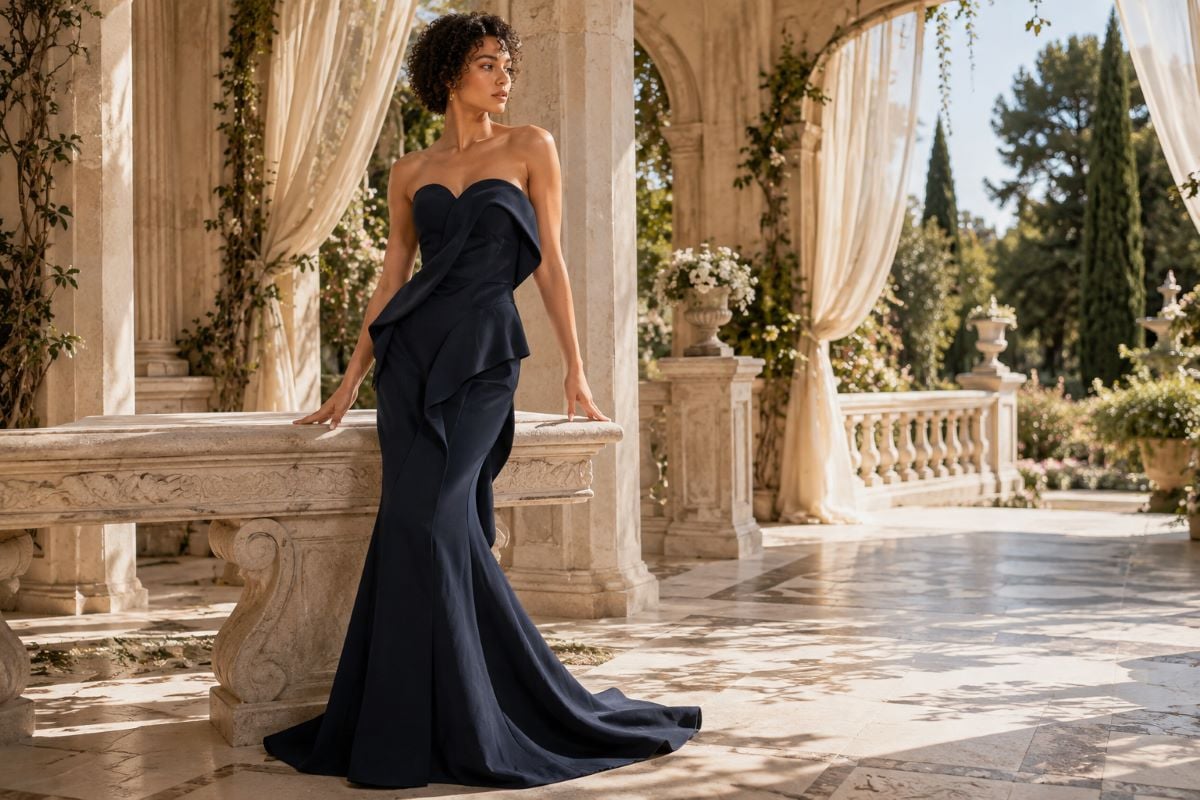 Navy strapless mermaid gown outdoor editorial