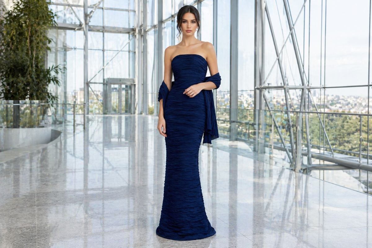 navy strapless ruched evening gown