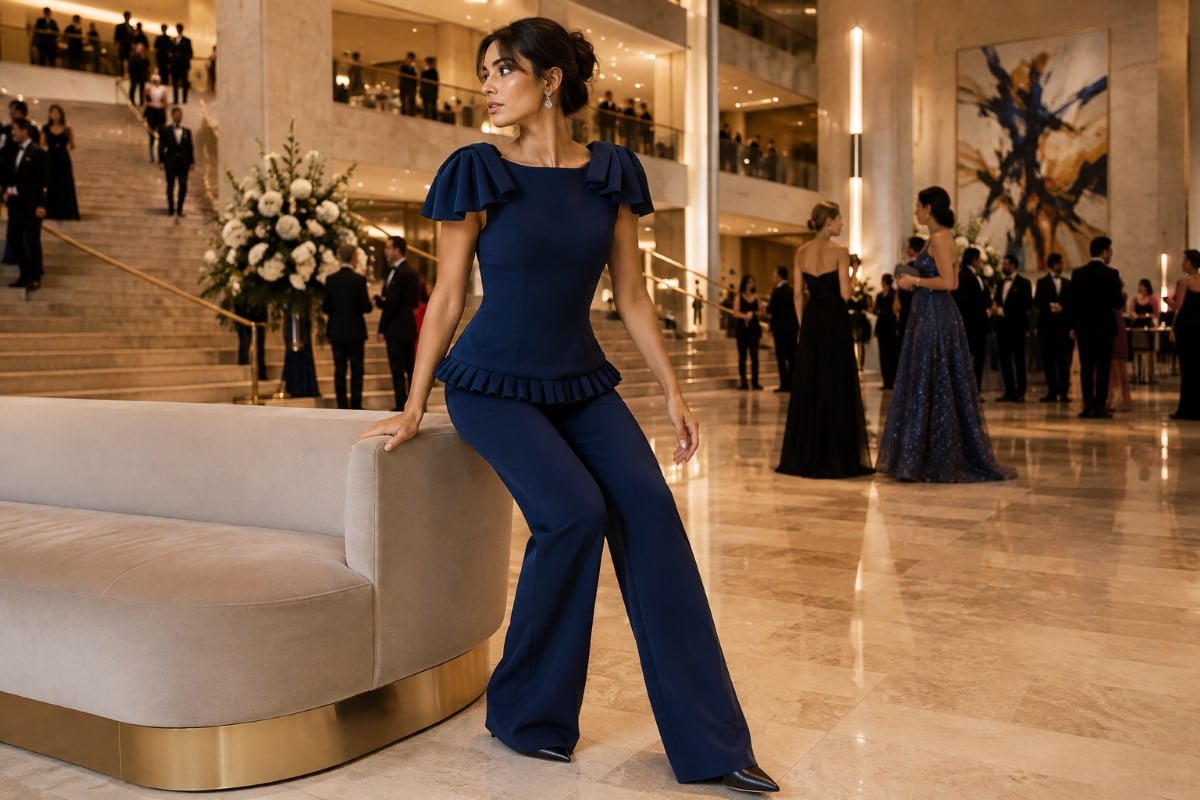 Navy tailored jumpsuit for black tie