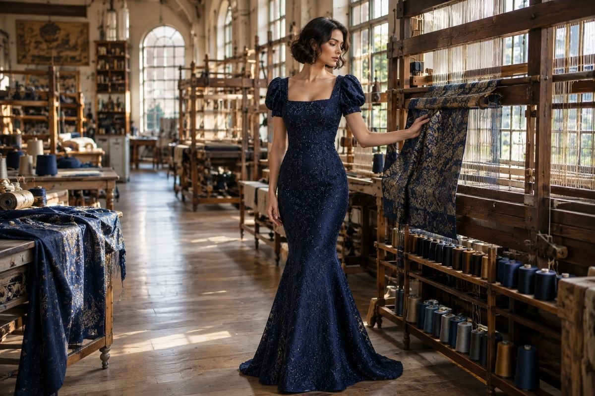 Navy textured brocade mermaid evening gown