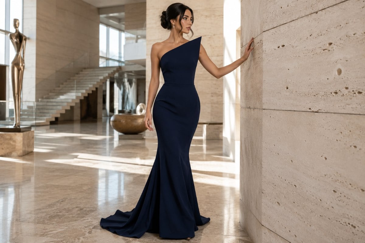 Navy trumpet gown structured crepe editorial