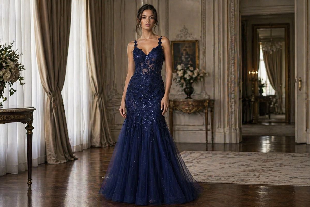 Navy blue tulle evening gown with floral appliqué and sequins