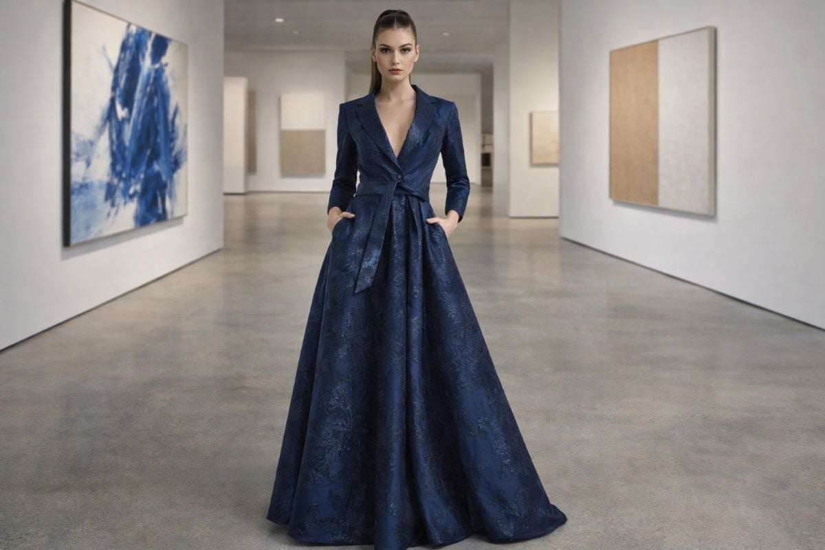 Navy V-neck gown with tailored lapel neckline