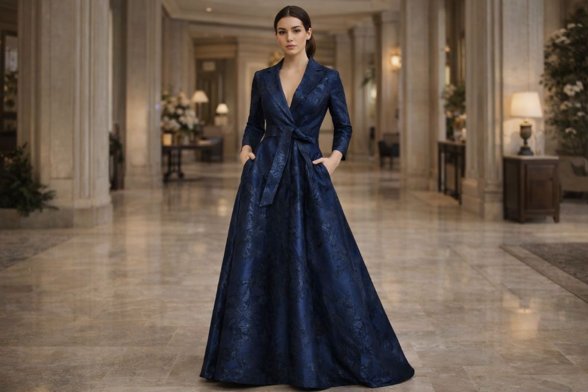 Navy V-neck wrap mother of the bride gown