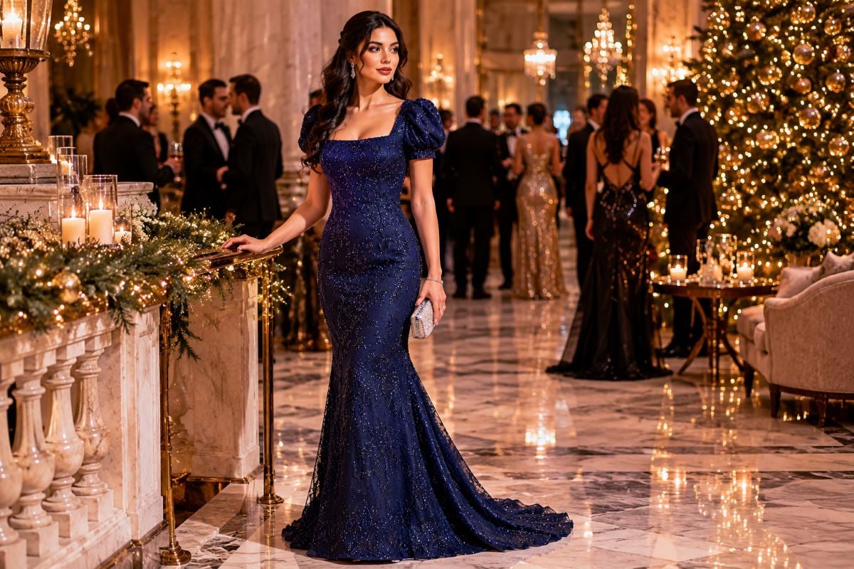 Navy blue velvet gown with crystal embellishments