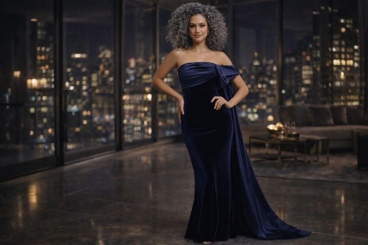 navy velvet strapless evening gown with draped detail