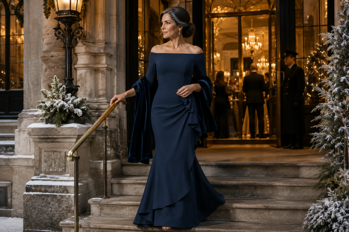 Navy winter mother of bride gown