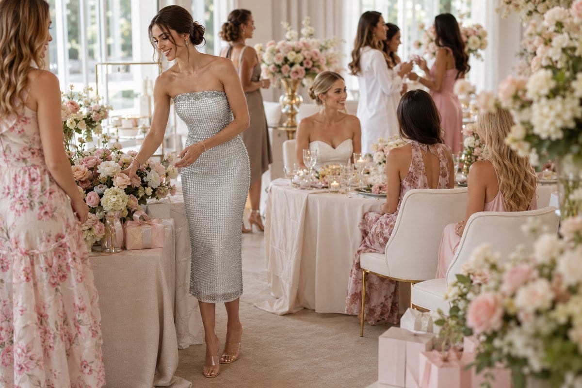 Silver hostess dress beside bride at bridal shower