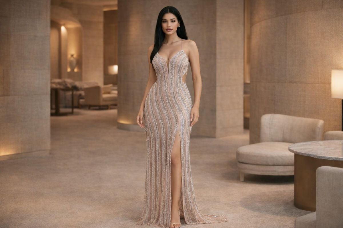 nude beaded fitted prom dress with vertical lines