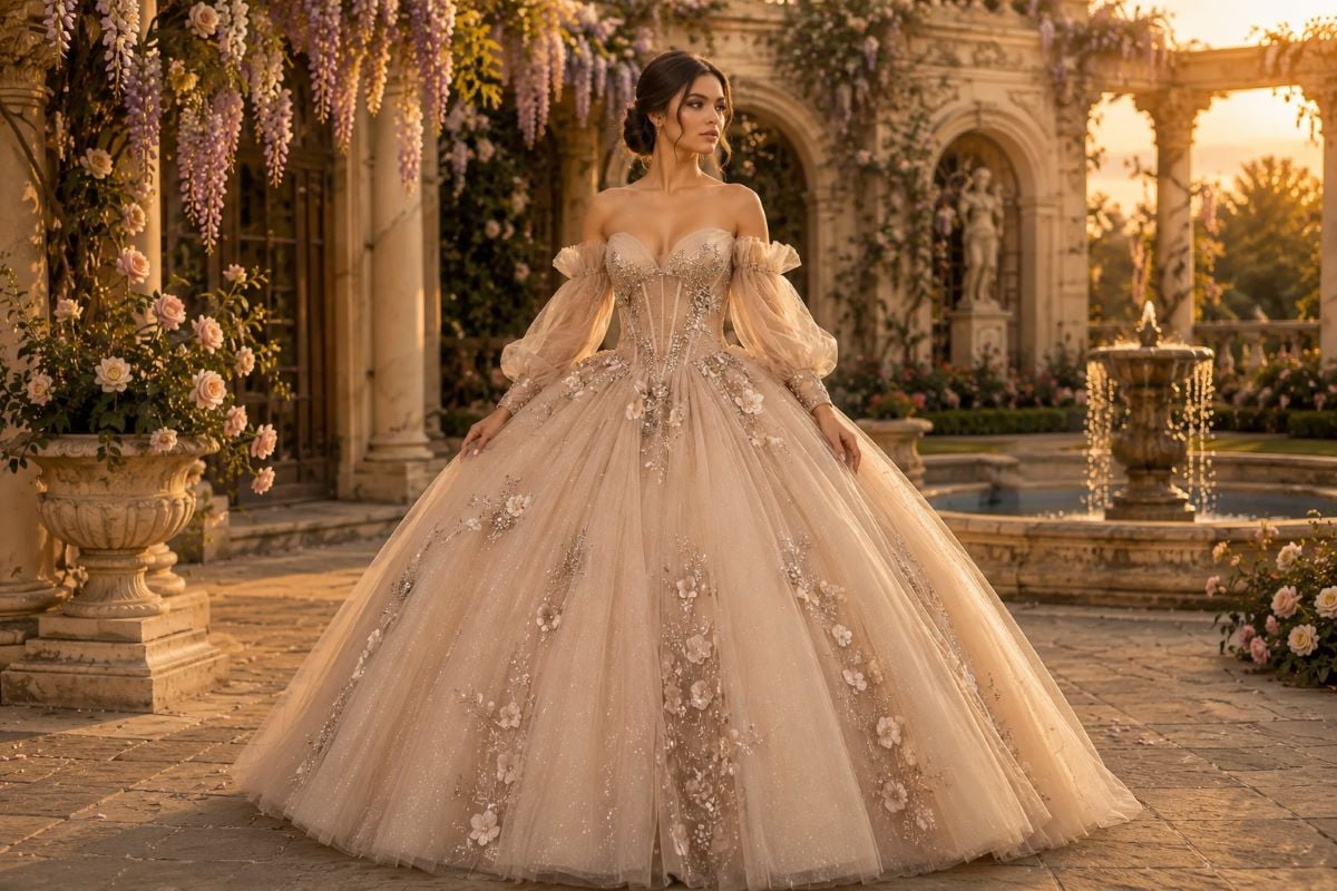 Nude champagne Quinceañera ball gown with floral appliqué in royal garden