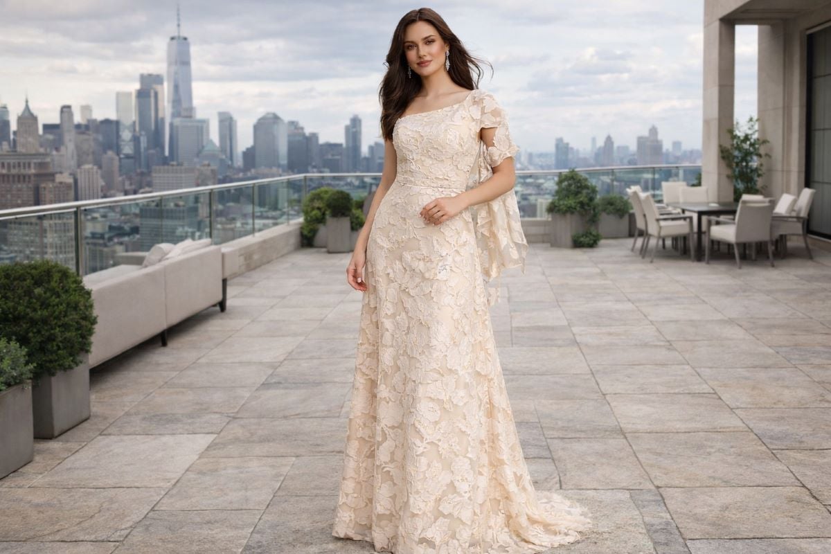 nude floral appliqué evening gown