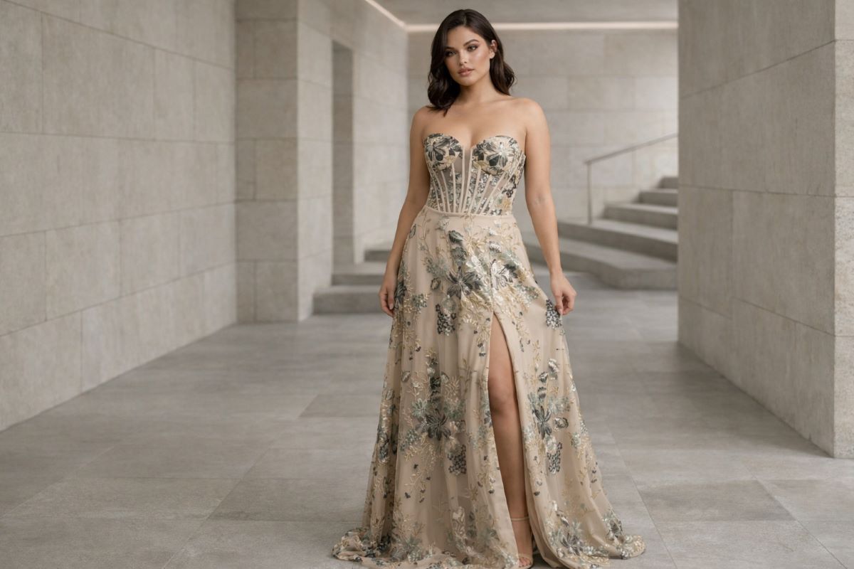 Nude floral corset plus size evening gown with slit full body