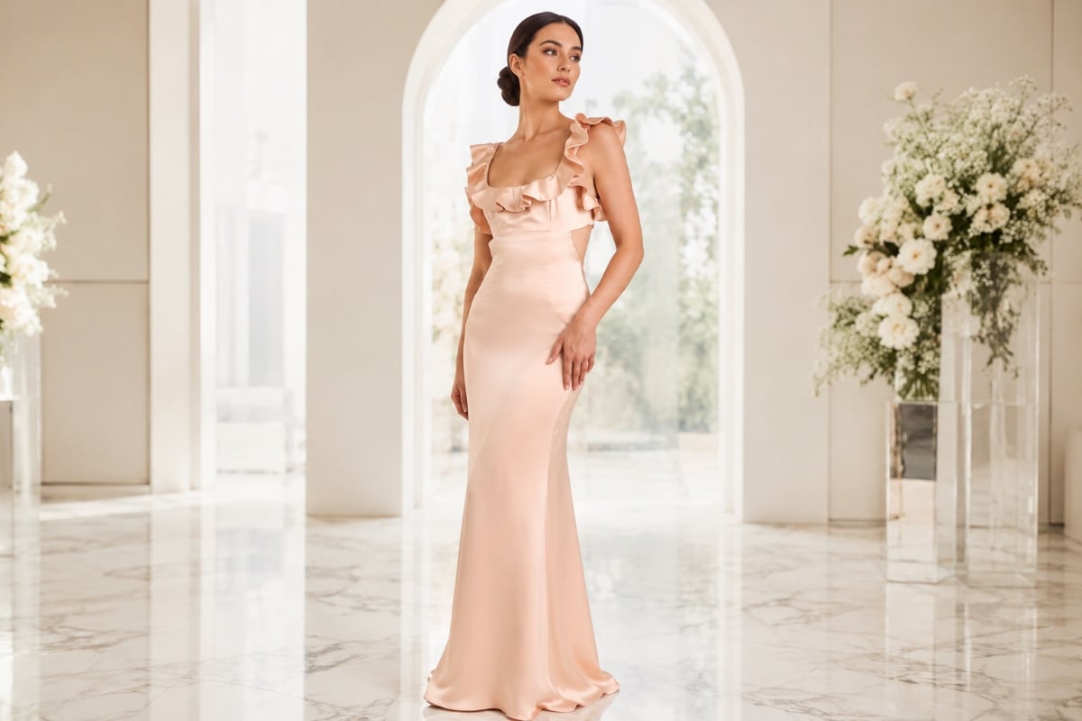 Nude ruffle neckline column dress editorial look