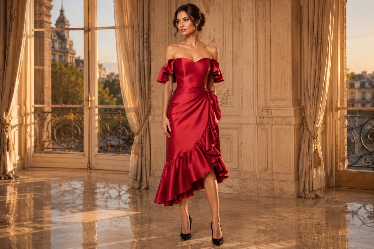 Off shoulder asymmetrical satin cocktail dress