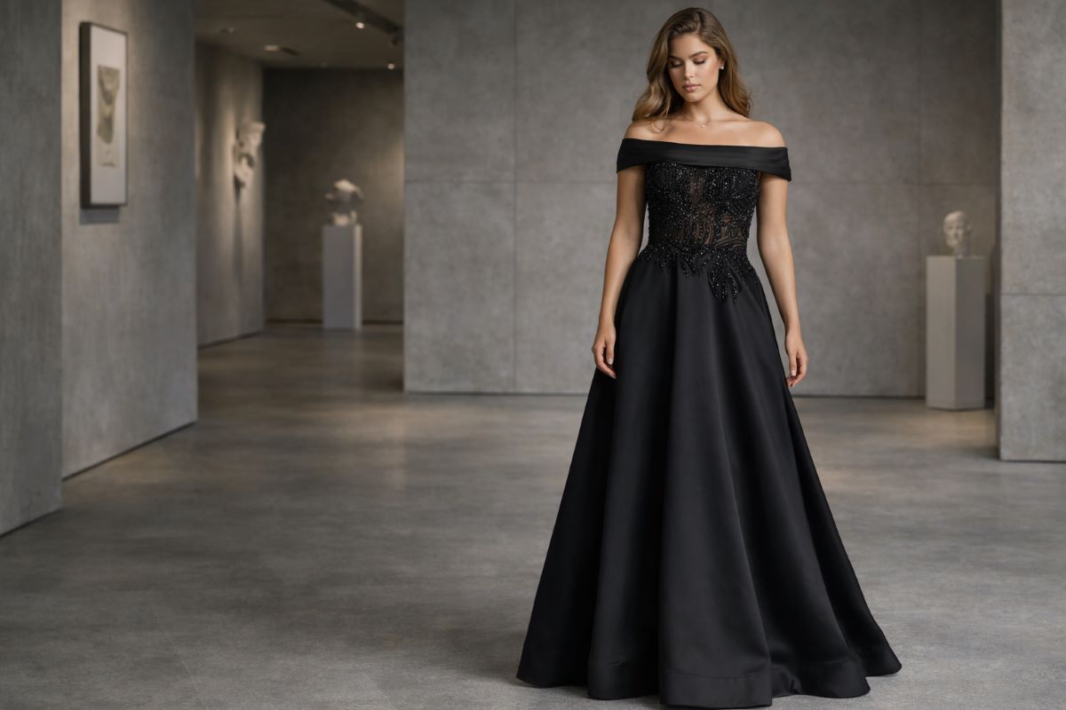 Off shoulder beaded black evening gown