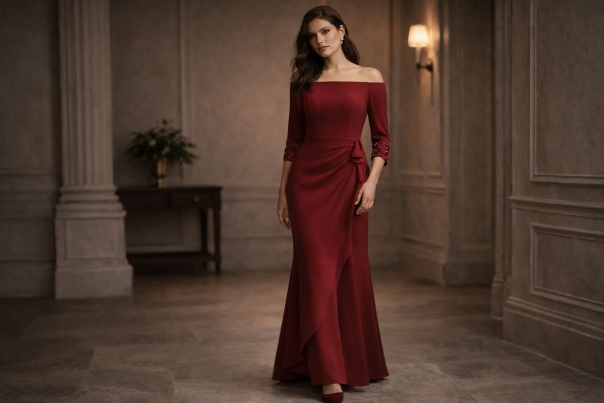 Off shoulder evening dress with beaded sleeves