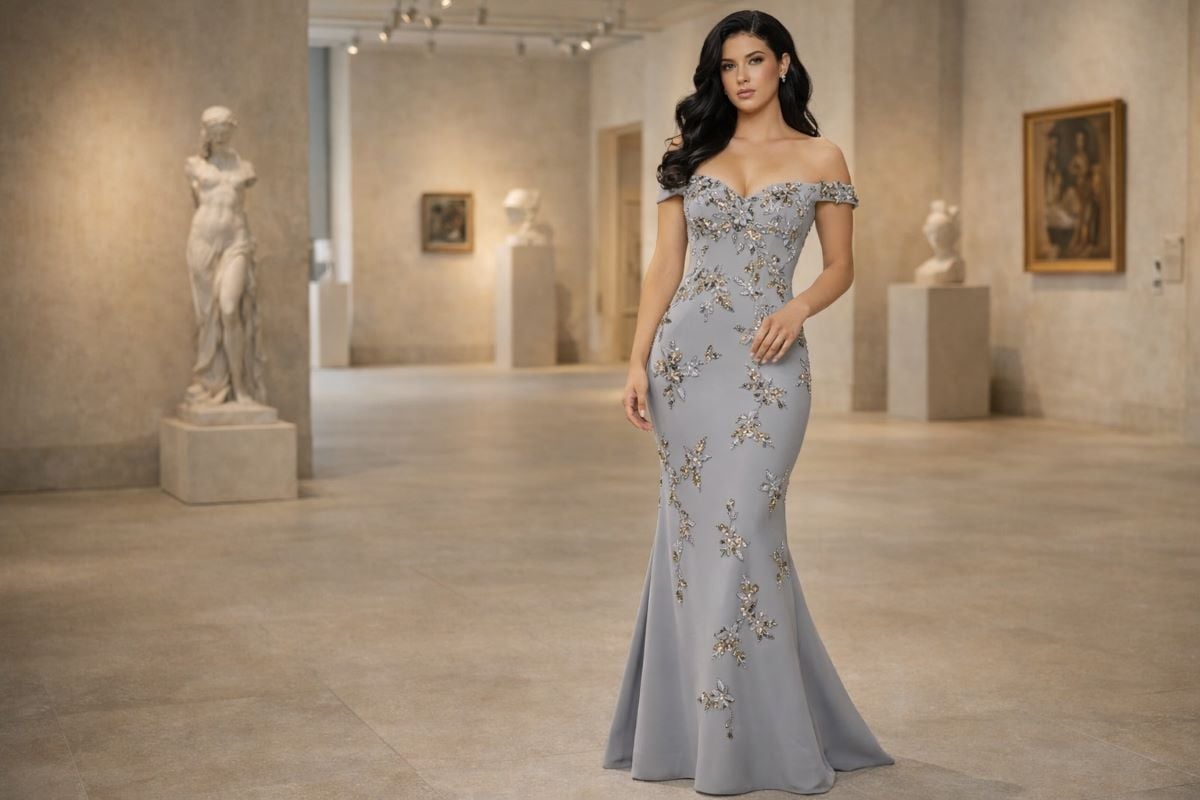 off shoulder floral gray evening gown