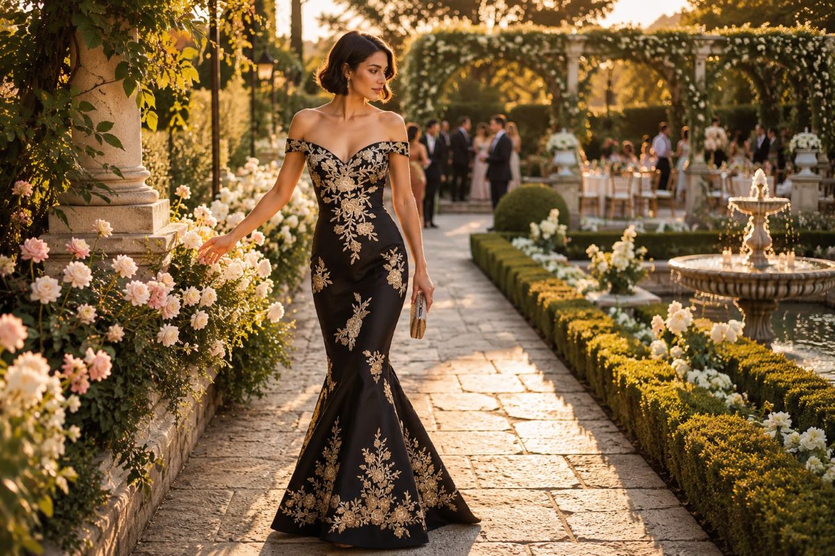 Off shoulder garden wedding guest gown
