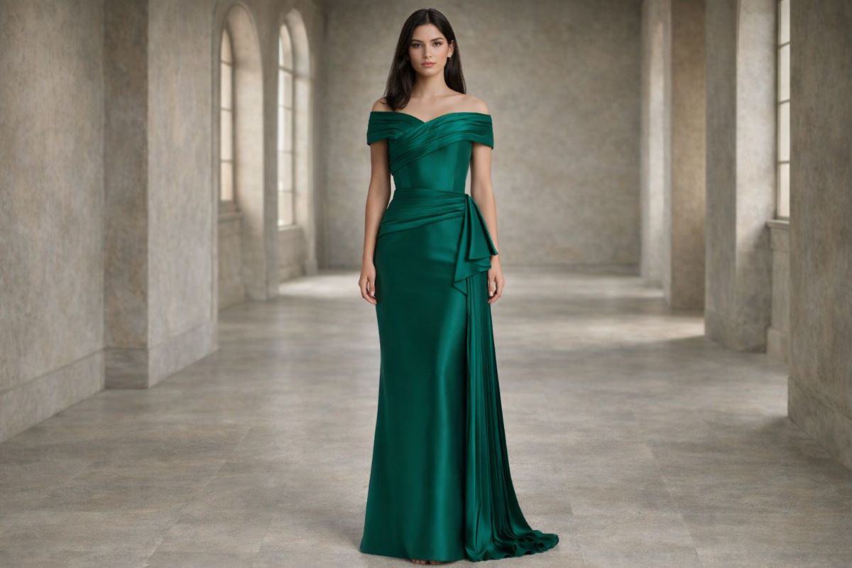 Off shoulder green column evening gown