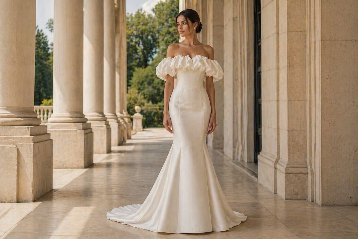 Bride in off-shoulder ivory mermaid wedding dress with structured silhouette