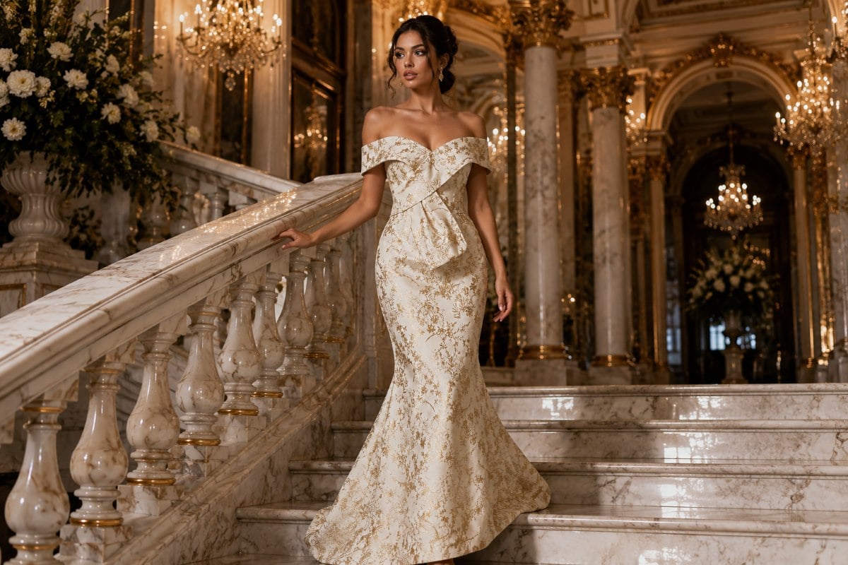 Off-shoulder jacquard evening gown at gala