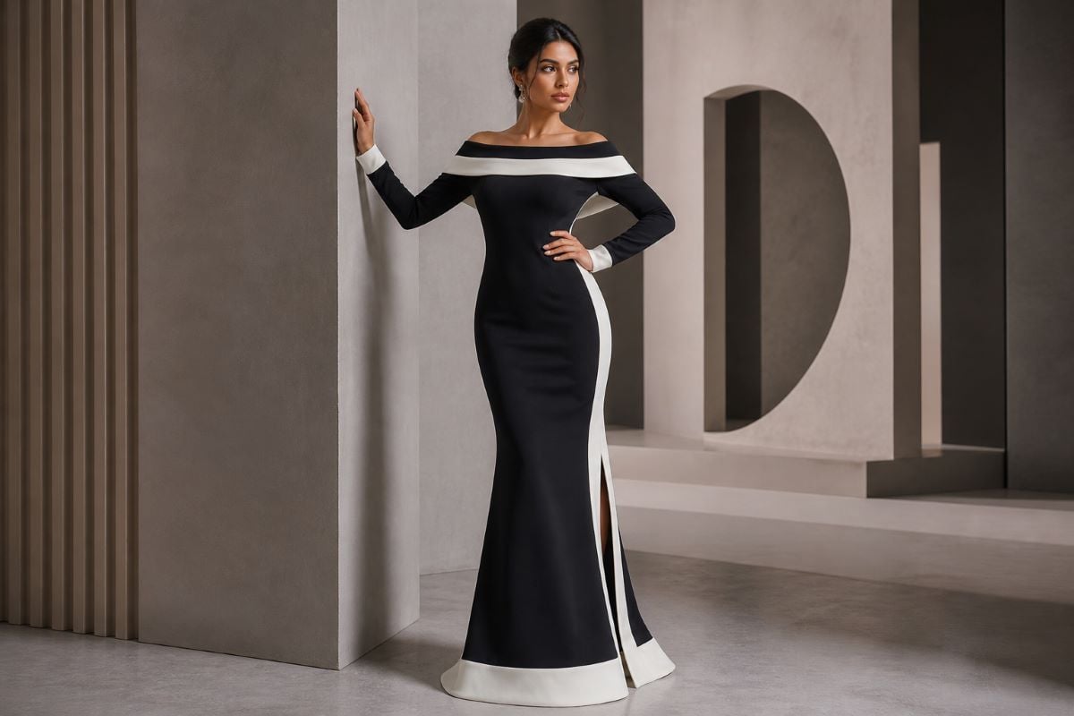 Off shoulder long sleeve mermaid gown with contrast panel