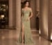 Off-shoulder olive green beaded mother of the bride gown with high slit