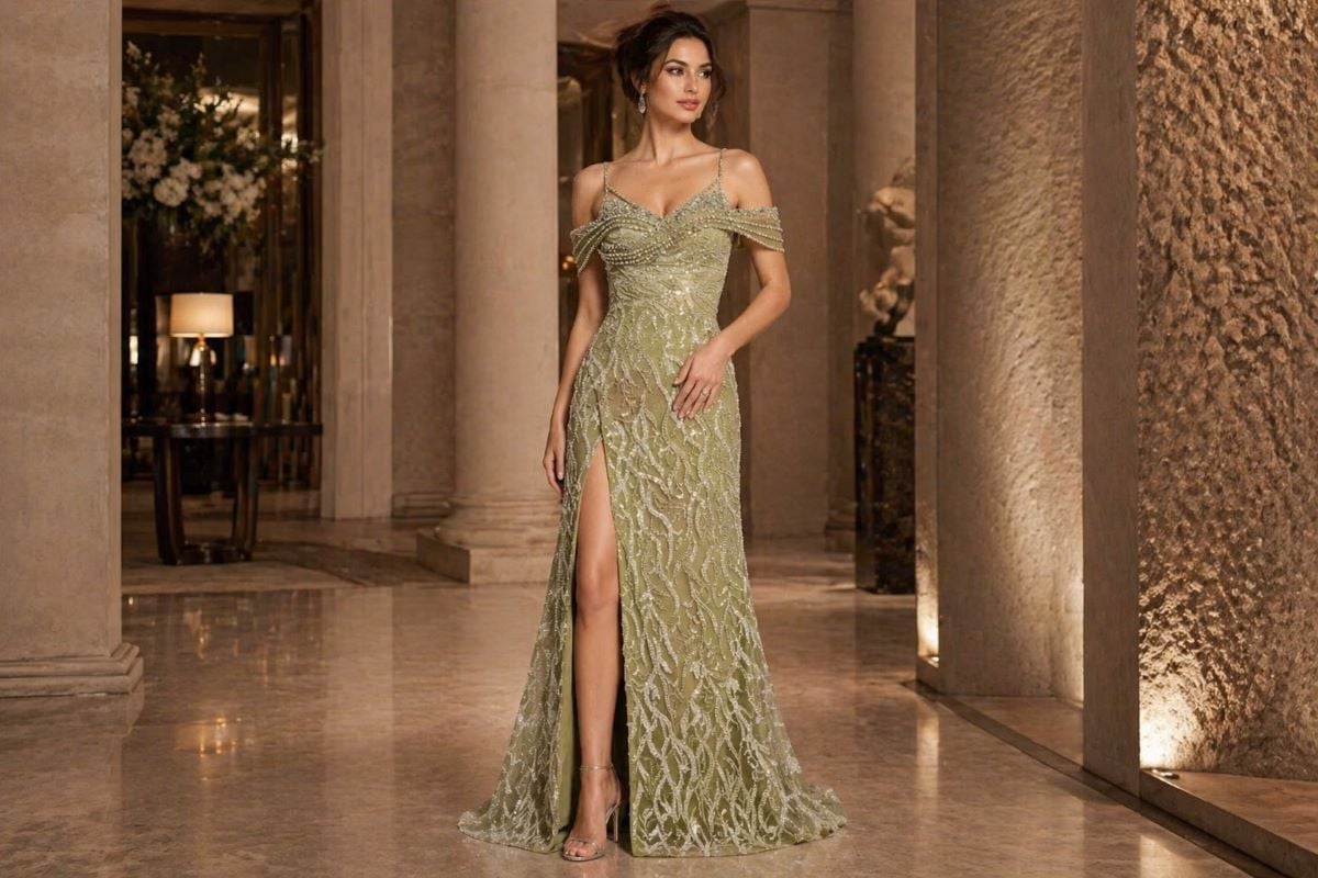 Off-shoulder olive green beaded mother of the bride gown with high slit