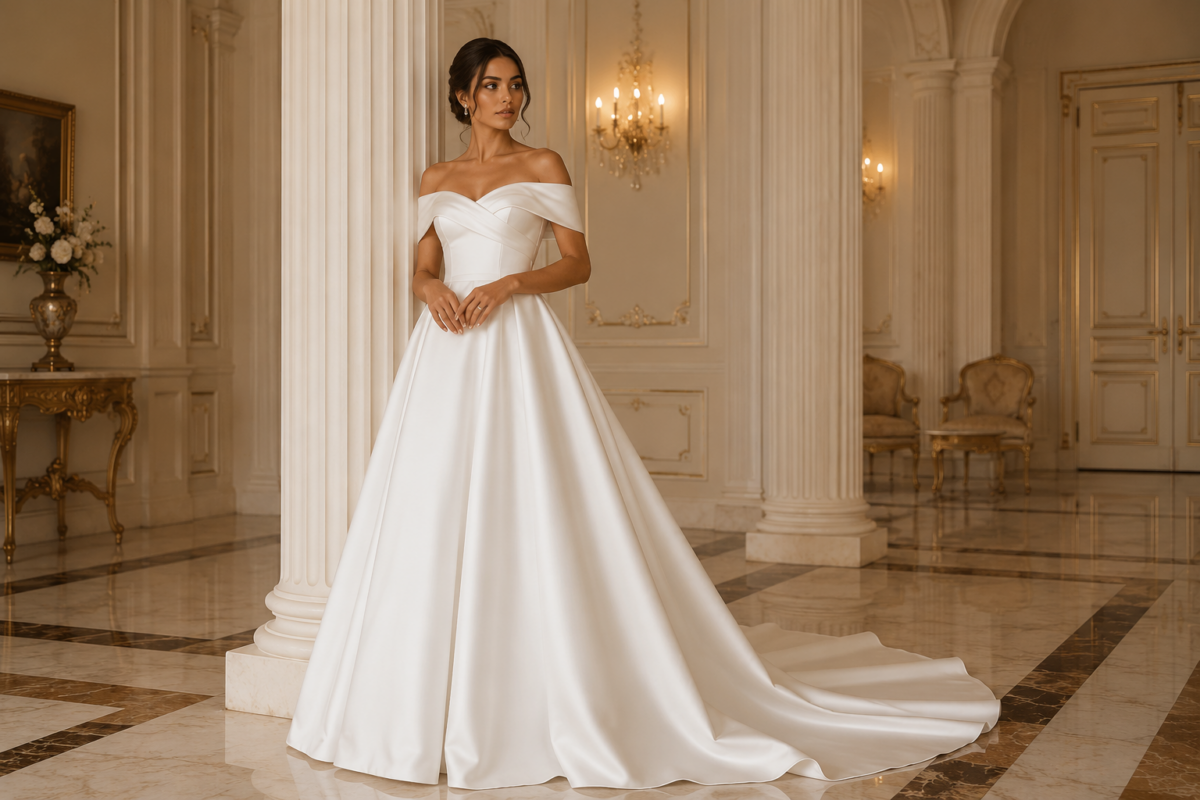 Bride in off-shoulder satin A-line wedding gown