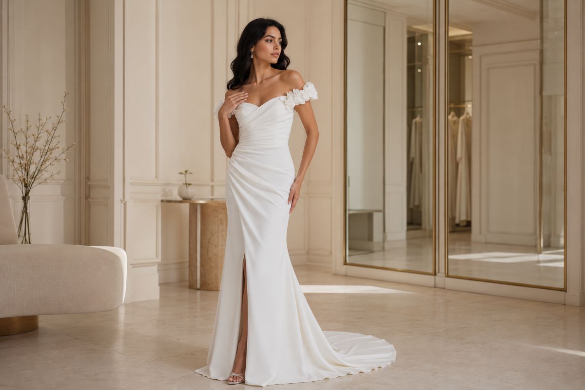 Off shoulder wedding dress with floral sleeves and draped bodice
