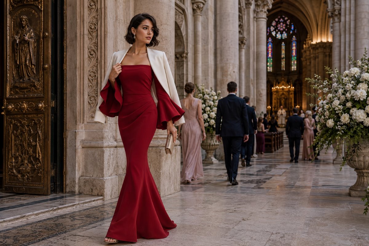 Off shoulder wedding guest ceremony outfit