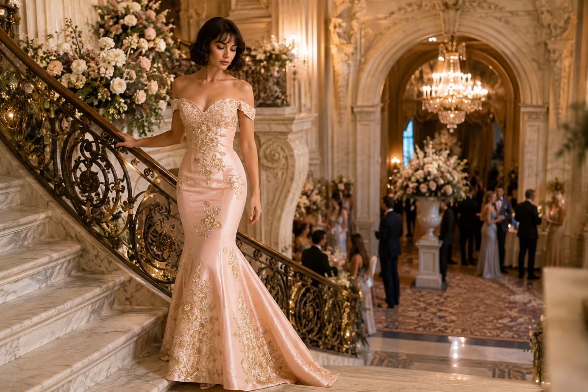 Off shoulder wedding guest mermaid gown