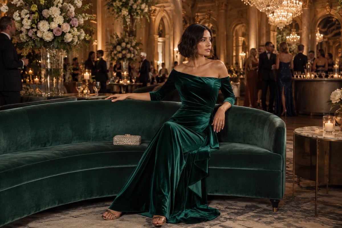 Elegant off shoulder wedding guest styling