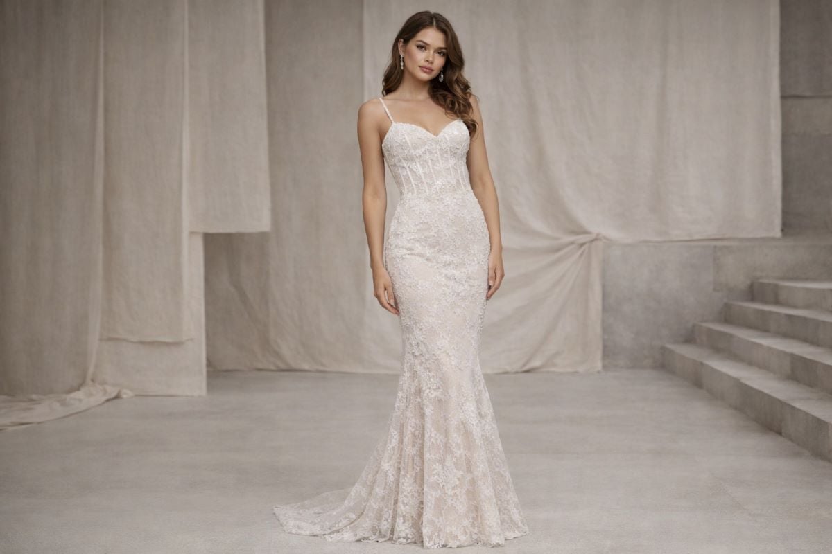 Off-white lace fitted prom dress with corset bodice