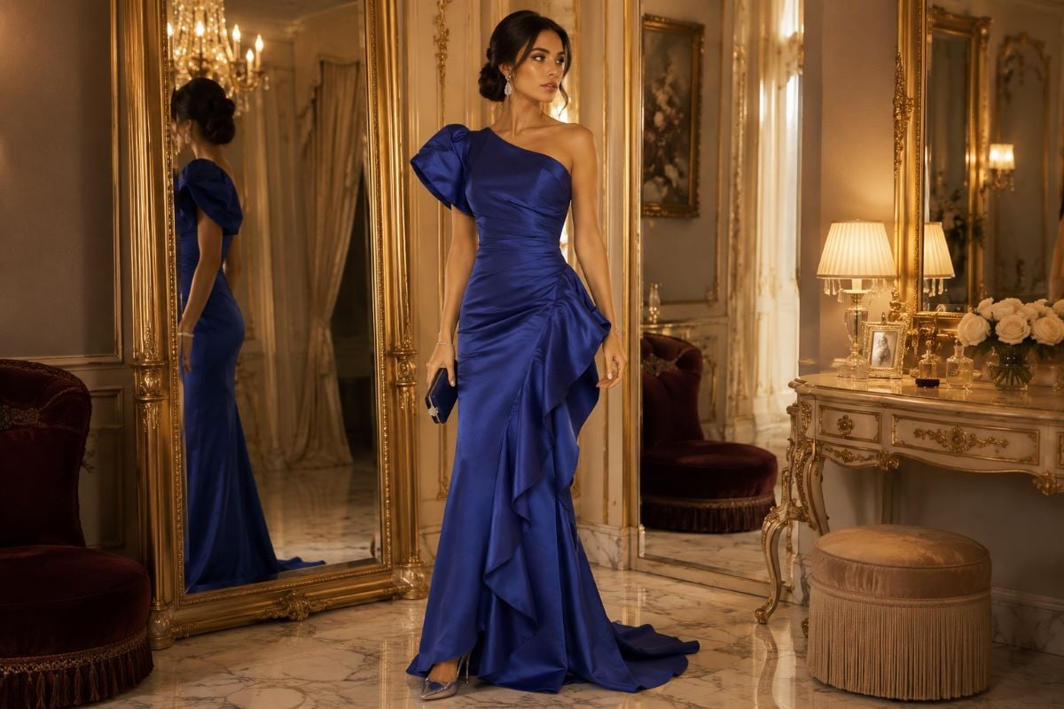 Old money satin evening gown with luxury accessories styling