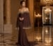 Old money inspired off shoulder brown evening gown with cape sleeves