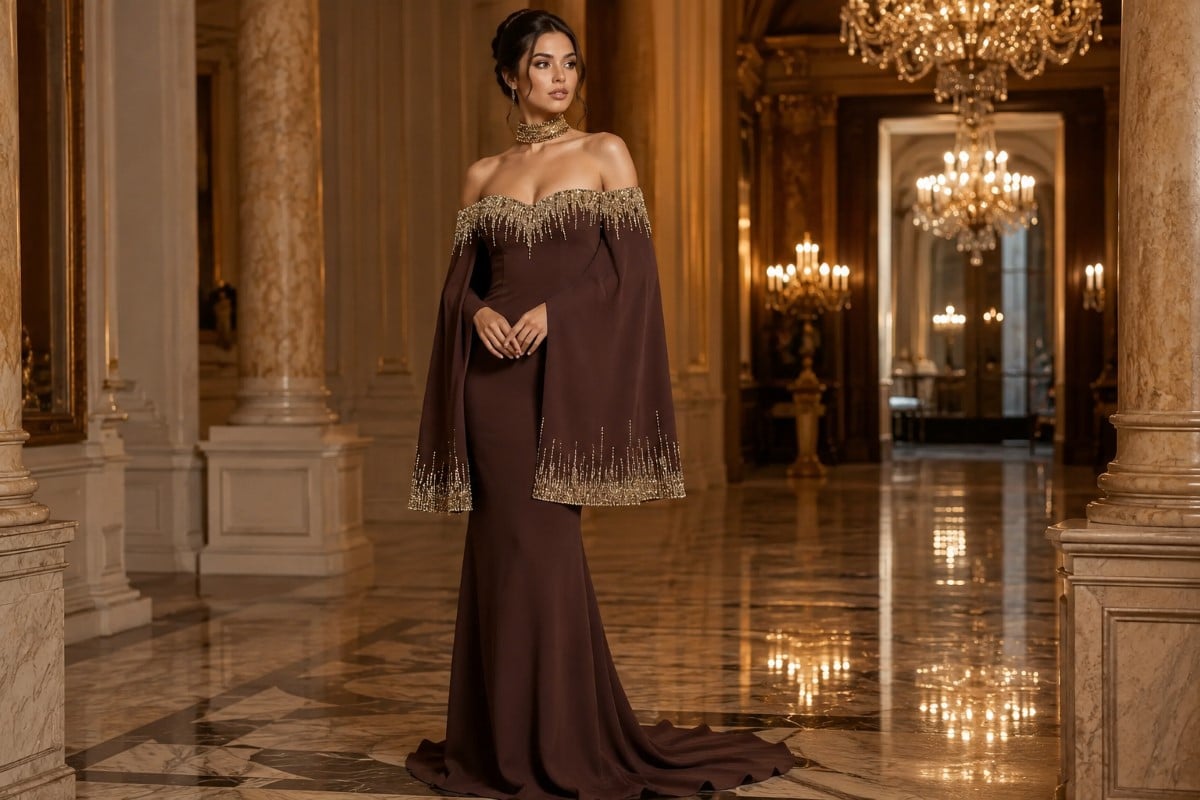 Old money inspired off shoulder brown evening gown with cape sleeves