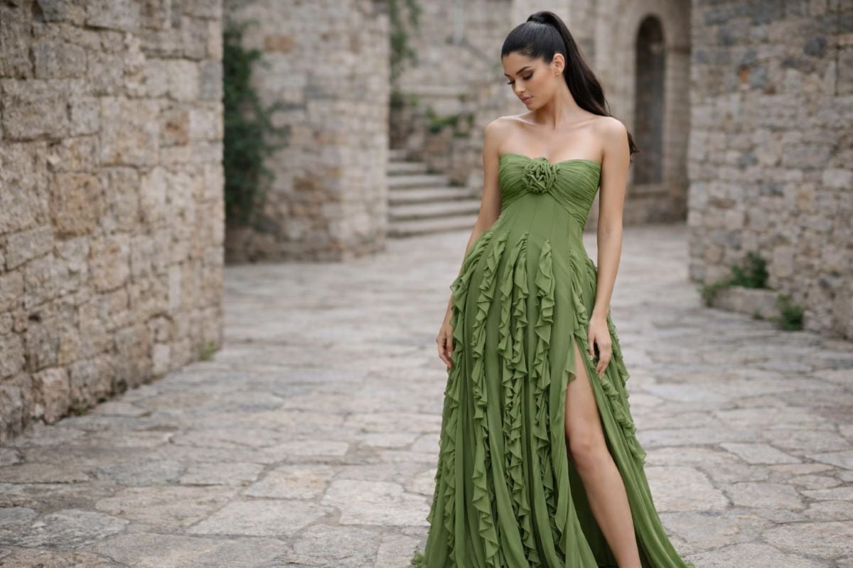 olive green ruffle prom dress with slit outdoor