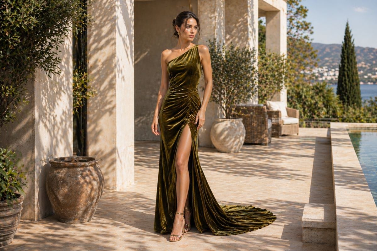 Olive green velvet one-shoulder gown with high slit and train