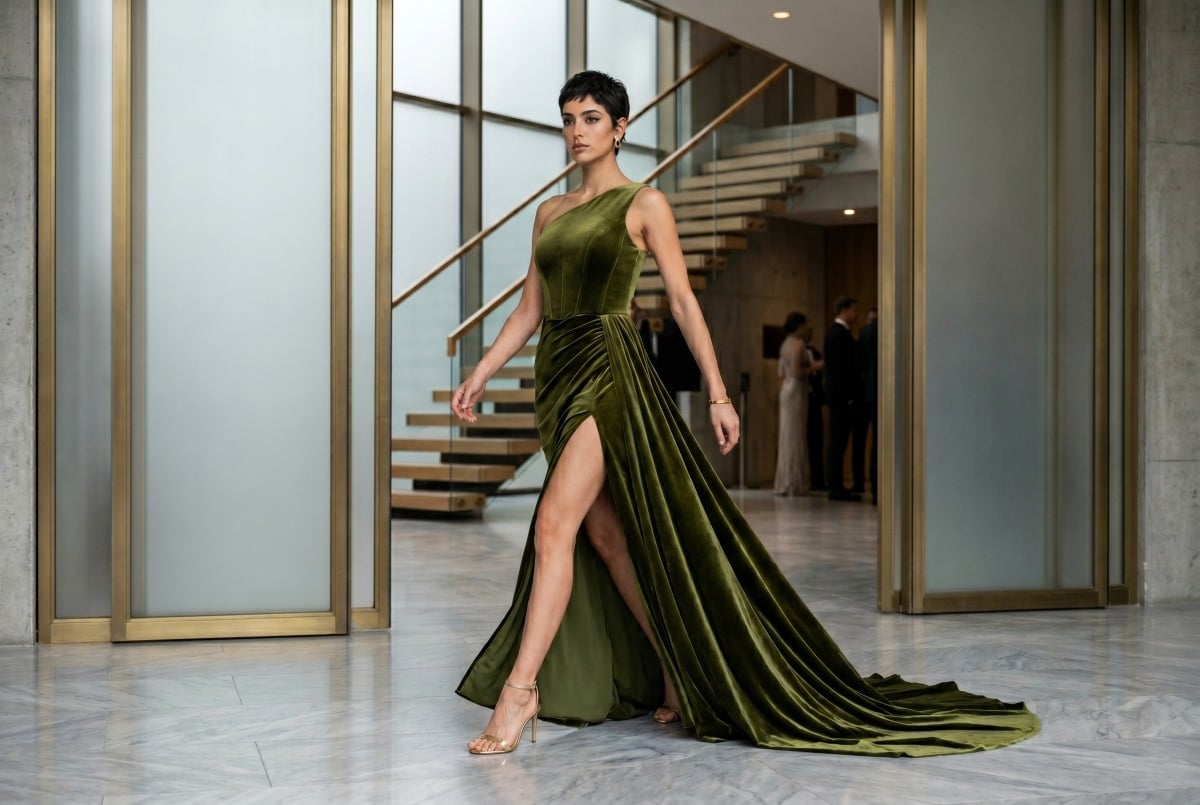 Olive velvet one-shoulder slit gown