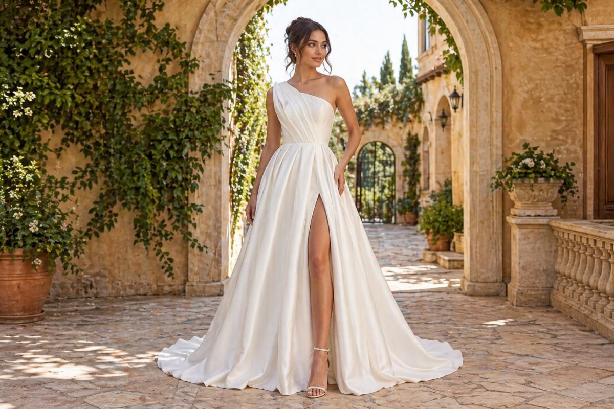 One shoulder A-line wedding dress with slit