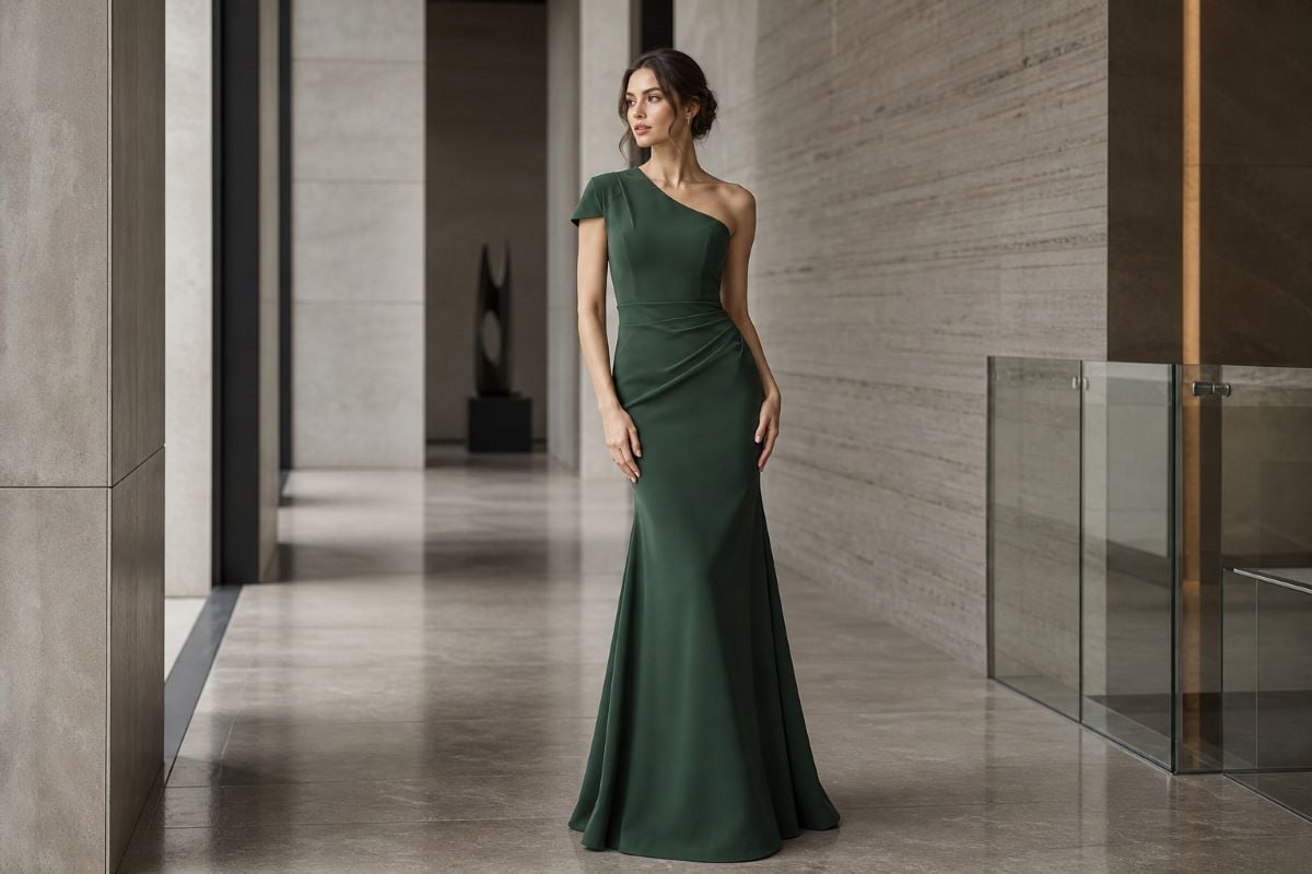 One shoulder fitted evening gown in structured formal silhouette