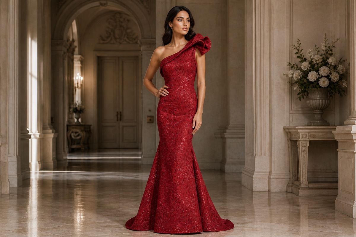 Full length evening gown with one shoulder ruffle and structured silhouette