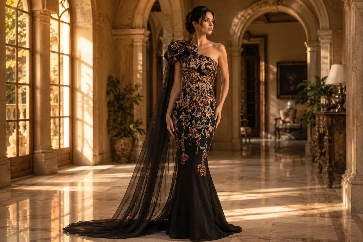 One shoulder embroidered formal gown with elegant updo