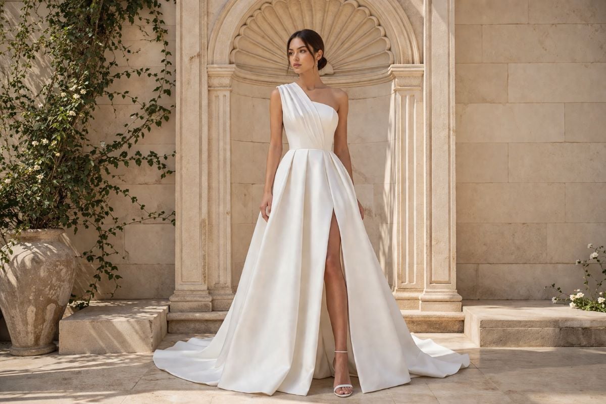 Bride in one-shoulder ivory A-line wedding dress with front slit